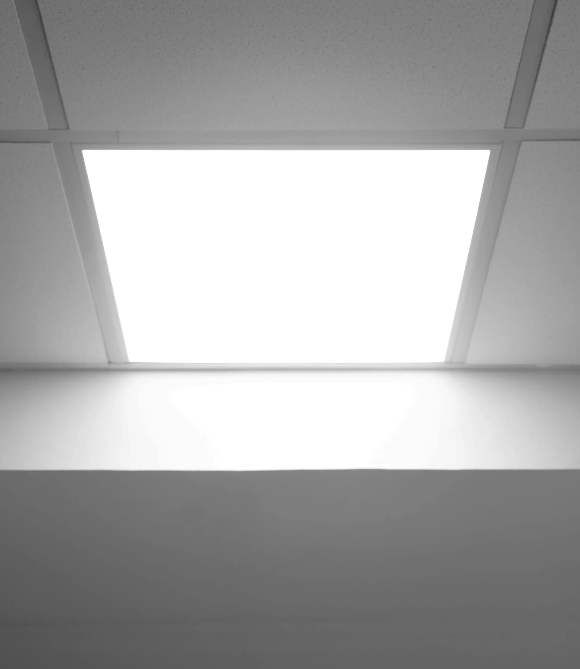 Bright LED ceiling panel set into a suspended commercial ceiling